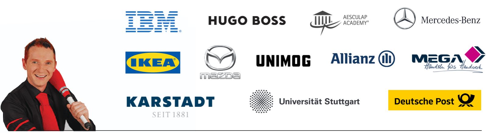 Logowand mit Referenzen, u. a. IBM, Mercedes-Benz, Ikea, Allianz, Universität Stuttgart